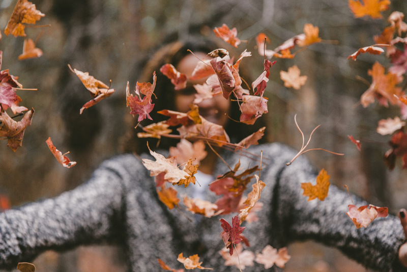 woman tossing fall leaves - free autumn stock photo