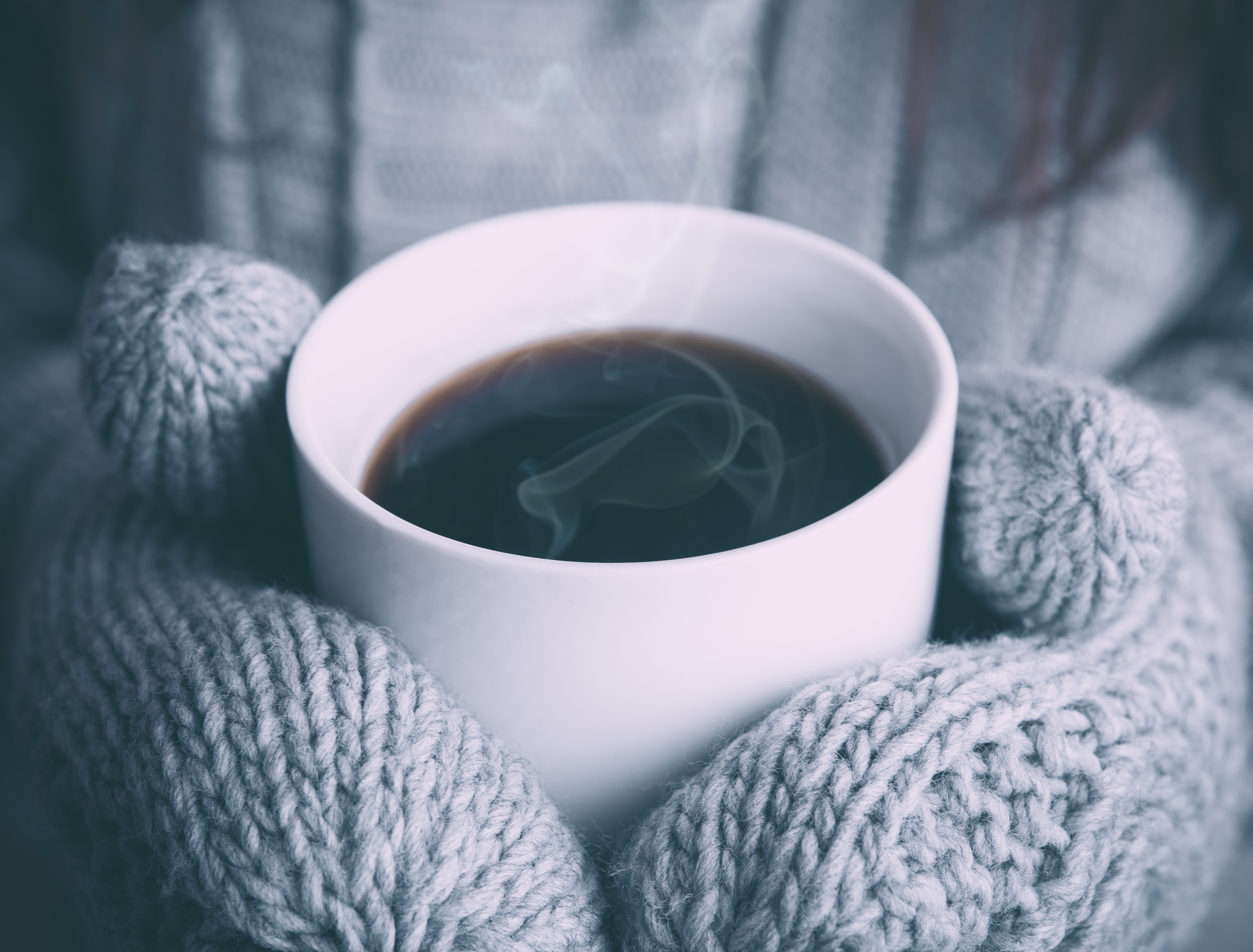 Mitten hands holding hot chocolate or coffee - free winter stock photo